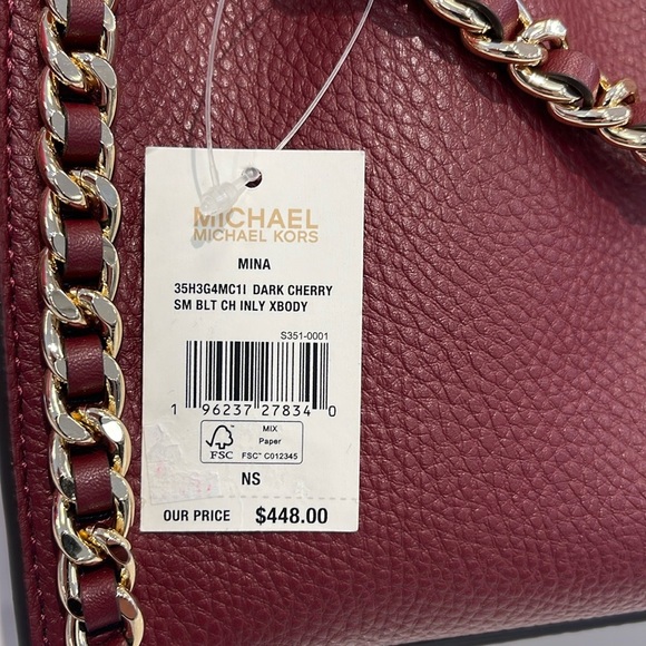 Michael Kors Women's Mina Small Belted Chain Crossbody Shoulder Bags Dark Cherry - Picture 6 of 16